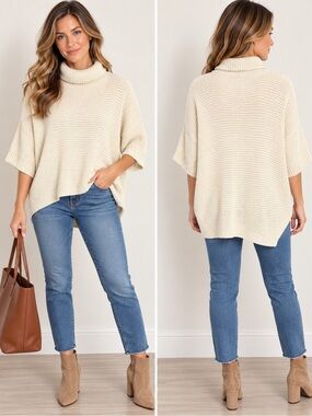 Free People S Ivory 100% Cotton Oversized Turtleneck Sweater Chunky Knit